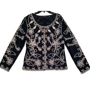 Investments Women's Cardigan Button Front Top Size M Black White Long Sleeve Flo